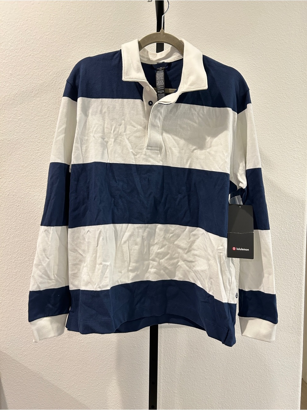 NWT Lululemon Men's Long-Sleeve Cotton Rugby Shirt Blue/White, Size M, $118